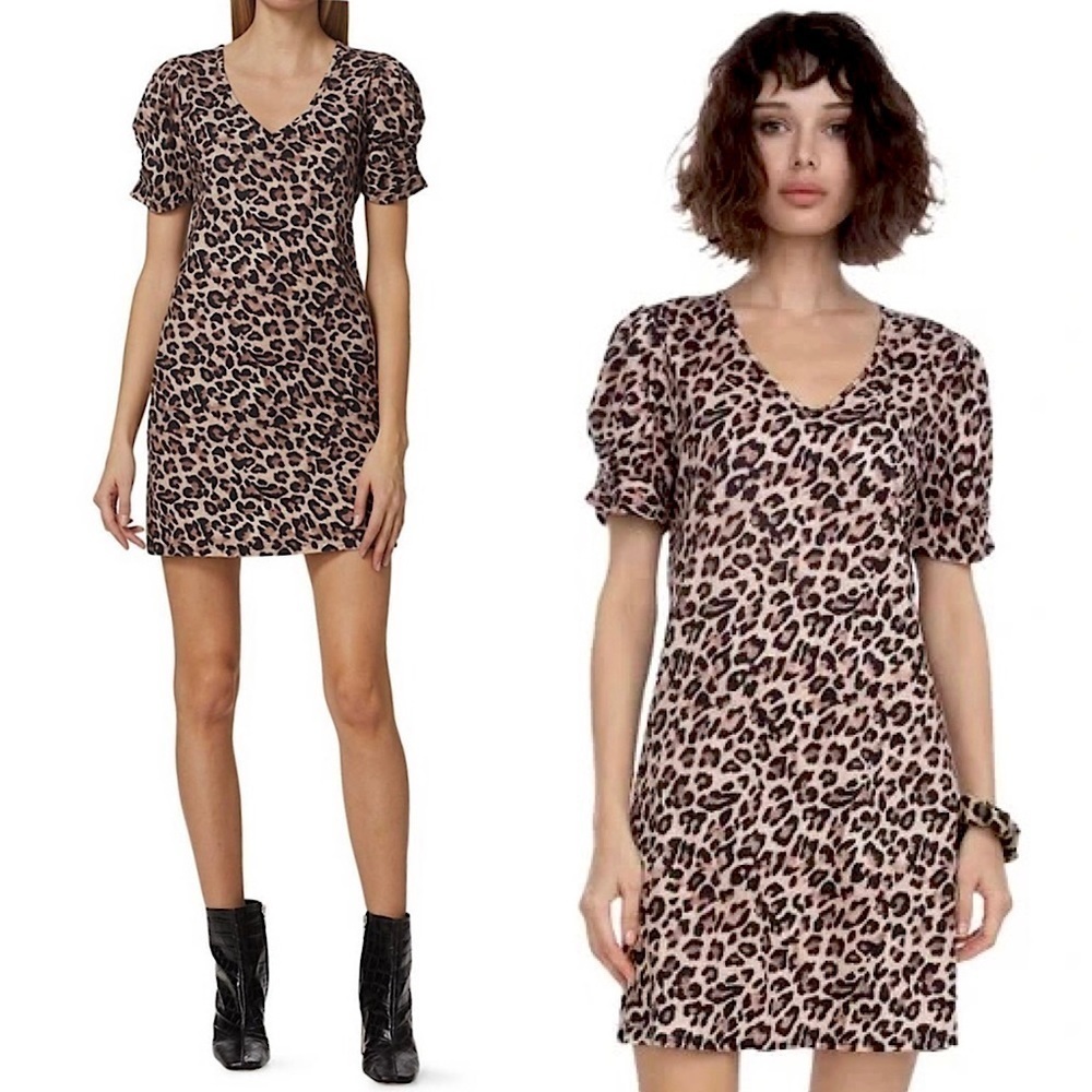 REVOLVE X GEN LOVE Puff Short‎ Sleeve V-Neck Animal Print Cotton Shift Dress XS